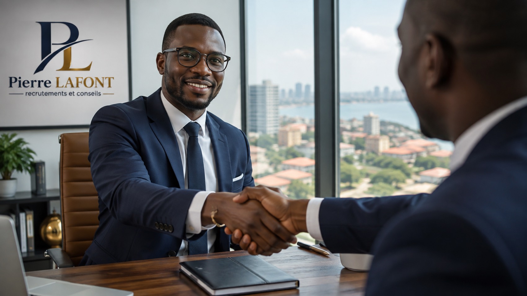 Poignée de main entre un consultant Pierre Lafont et un client, bureau surplombant Conakry
