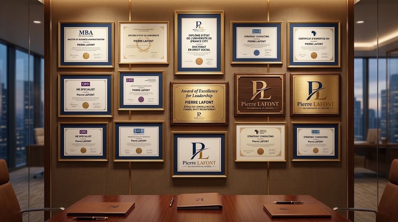 Mur des certifications et distinctions du cabinet Pierre Lafont