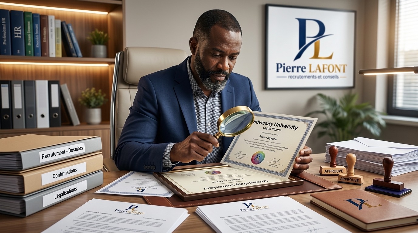 Vérification d'un diplôme à la loupe par un consultant Pierre Lafont
