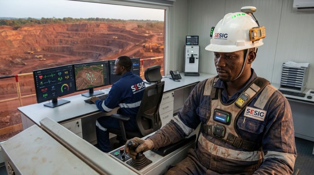 Mineur équipé d'un casque et d'un gilet connectés