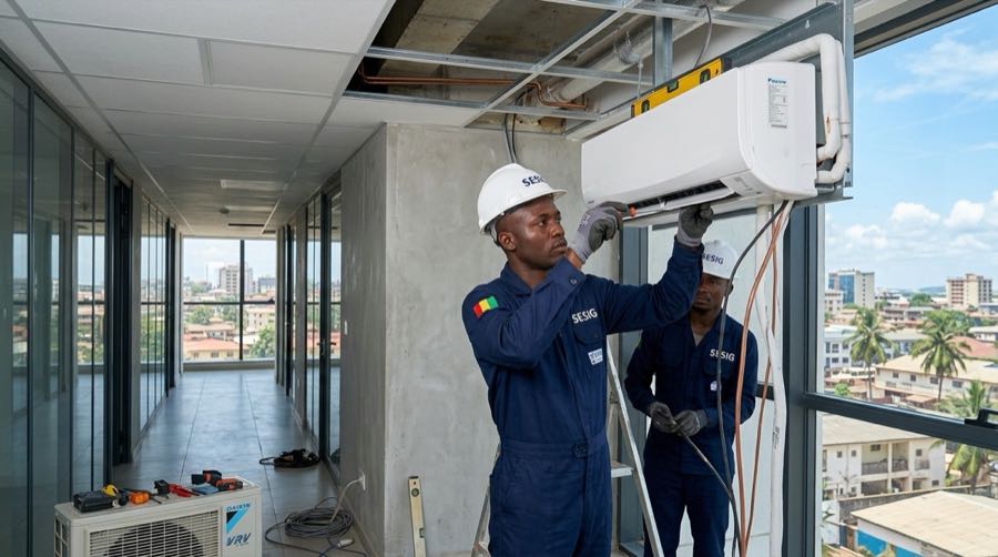 Installation d'un climatiseur split par les techniciens SESIG