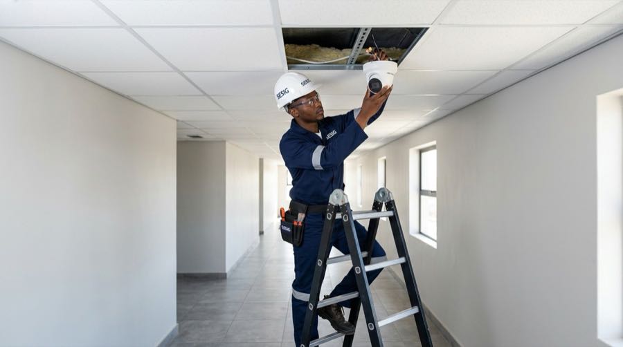 Installation d'une caméra de vidéosurveillance par un technicien SESIG