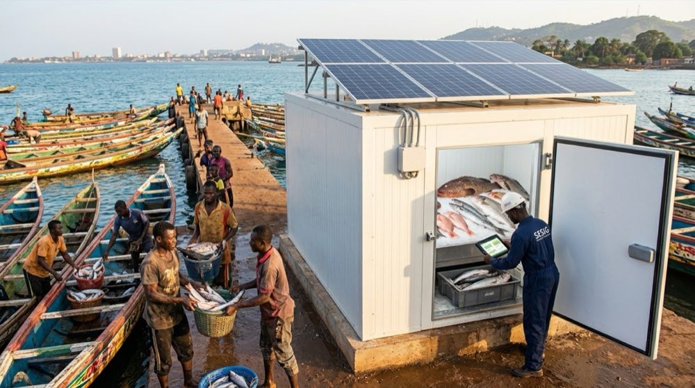 Chambre froide solaire sur un débarcadère de pêche