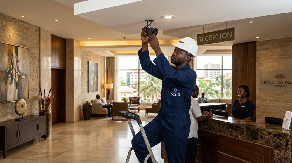 Technicien SESIG intervenant dans le hall d'un hôtel