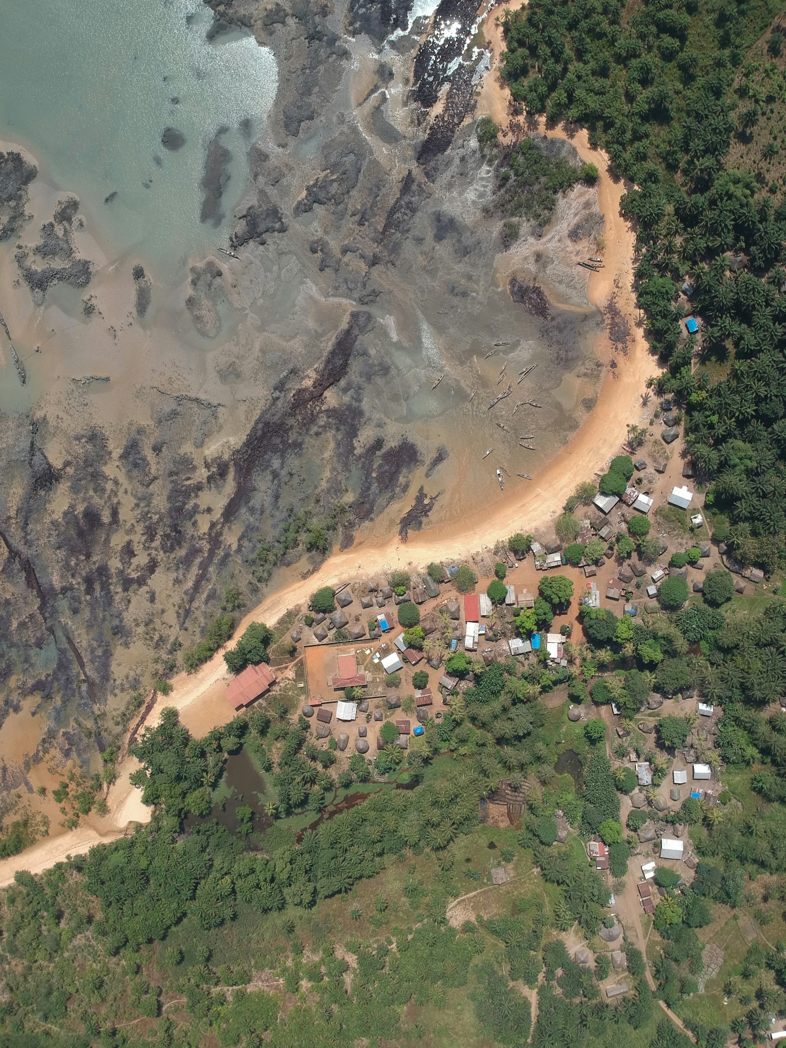Habitations et végétation tropicale en Guinée, vue aérienne